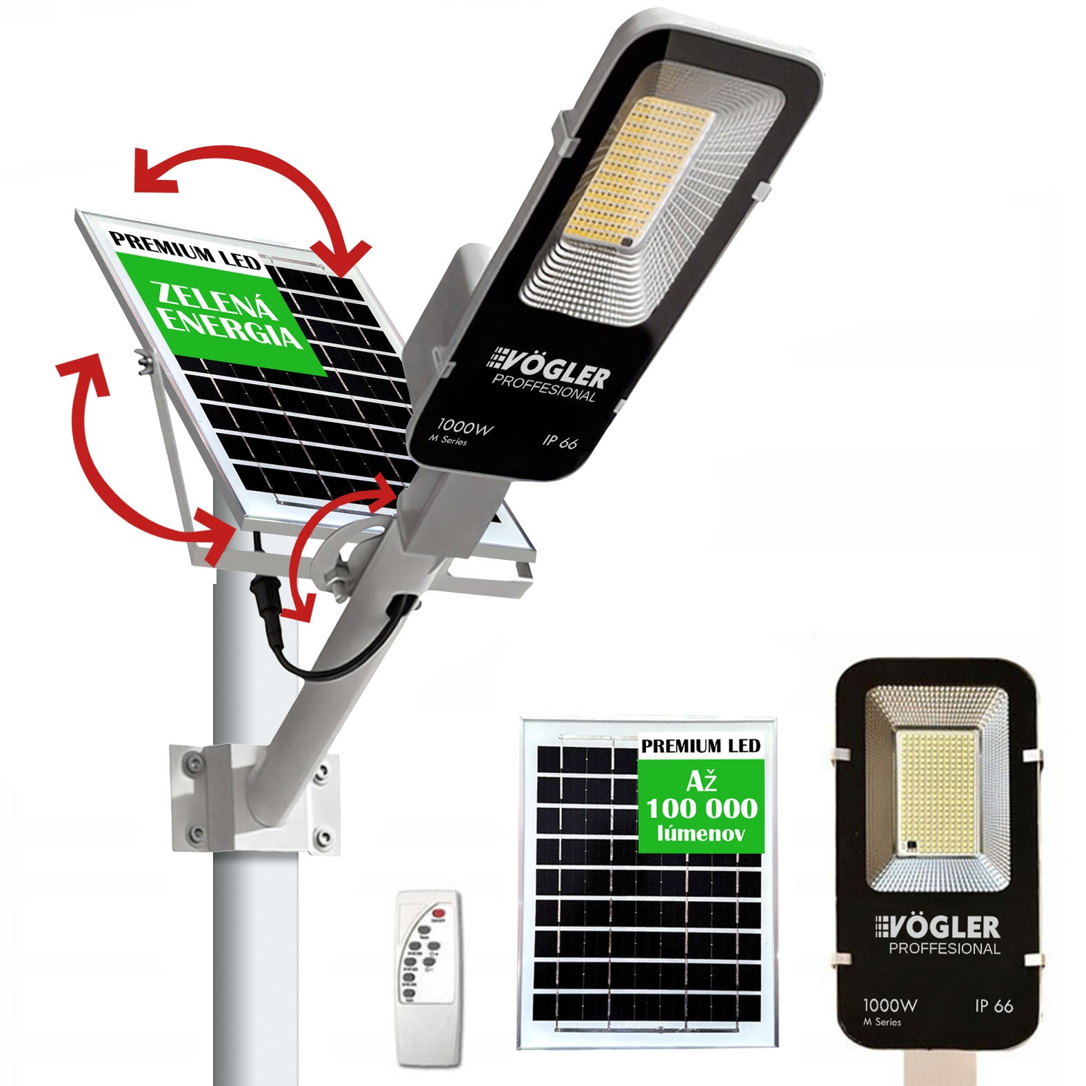 Výkonná solárna lampa, súmrakový senzor, diaľkové ovládanie, Vögler Professional 1000W