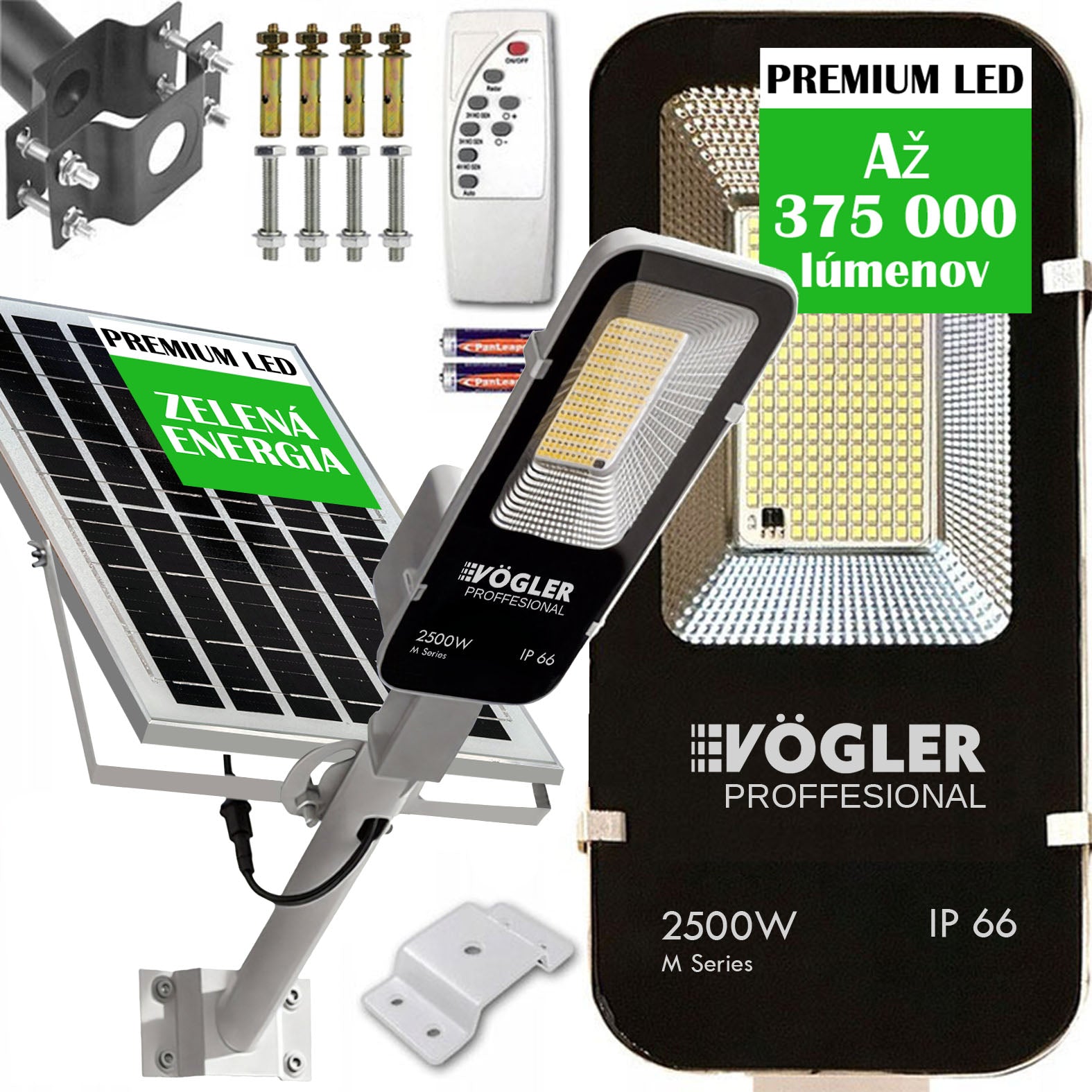 Výkonná solárna lampa, súmrakový senzor, diaľkové ovládanie, Vögler Professional 2500W