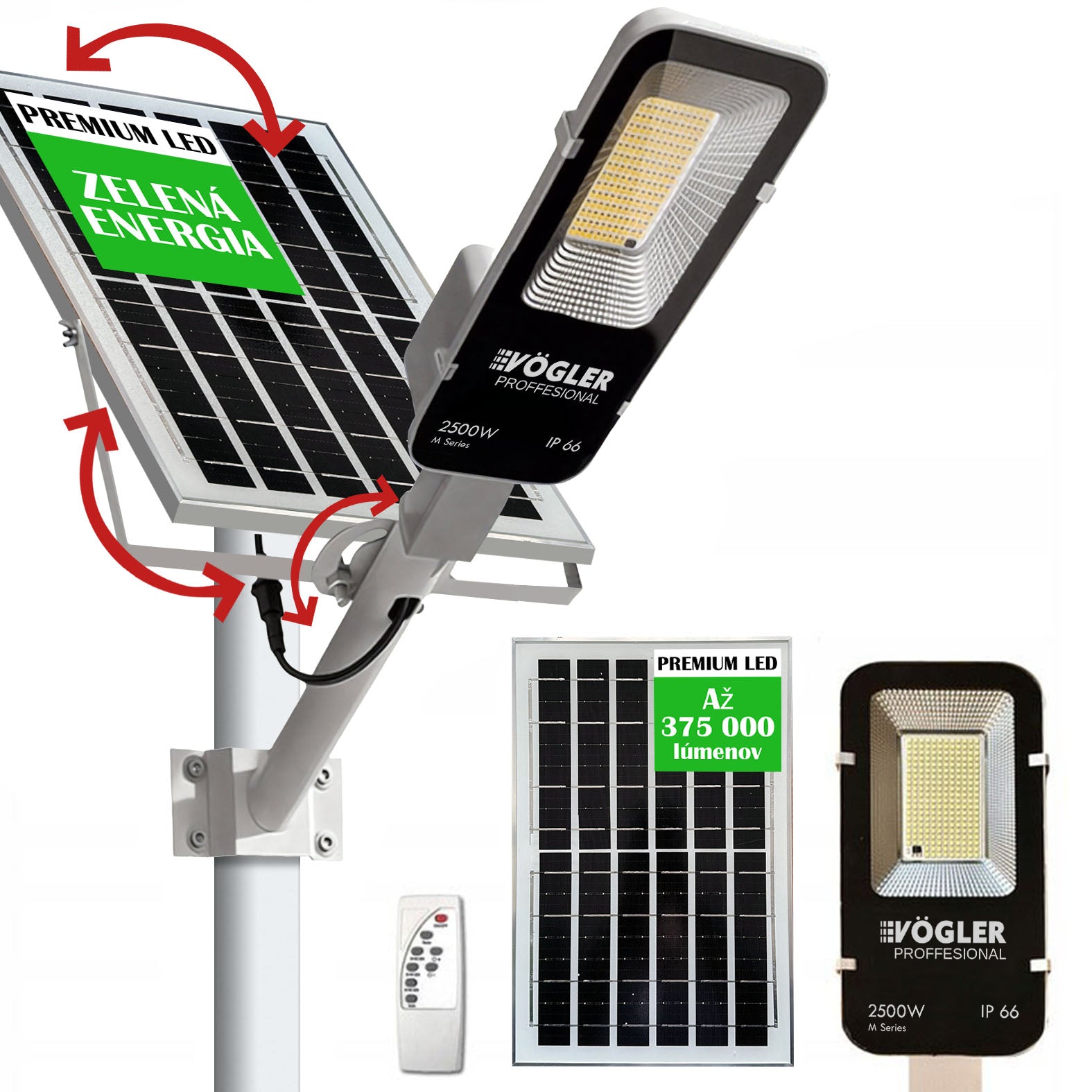 Výkonná solárna lampa, súmrakový senzor, diaľkové ovládanie, Vögler Professional 2500W