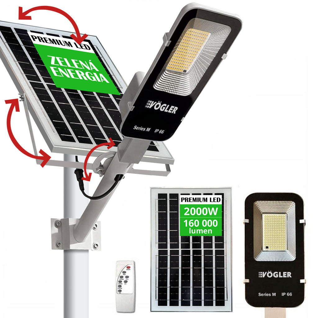 Výkonné solárne svetlo, senzor súmraku, diaľkové ovládanie, Vögler séria M 2000W