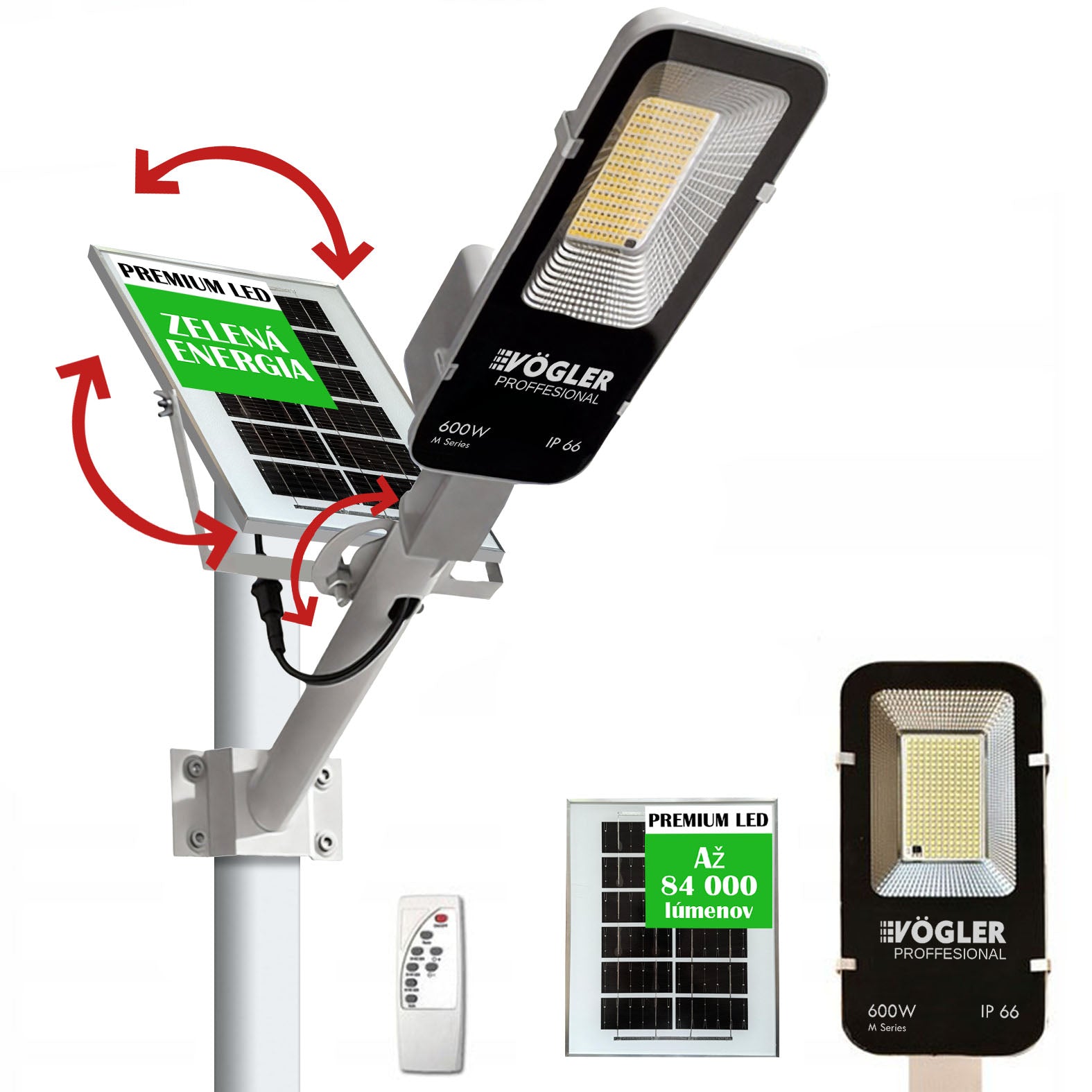 Výkonná solárna lampa, súmrakový senzor, diaľkové ovládanie, Vögler Professional 600W