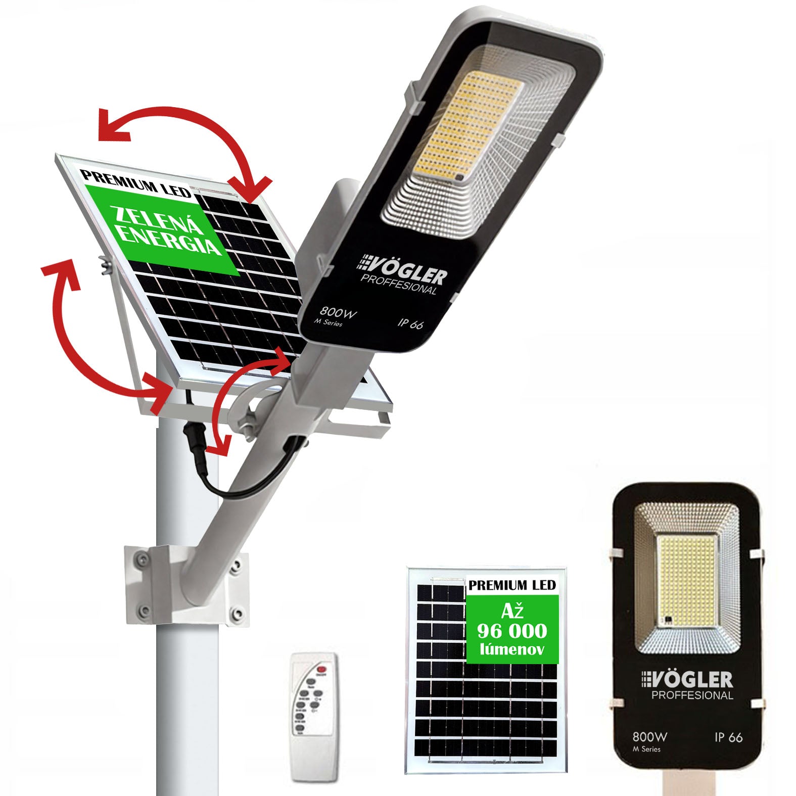 Výkonná solárna lampa, súmrakový senzor, diaľkové ovládanie, Vögler Professional 800W